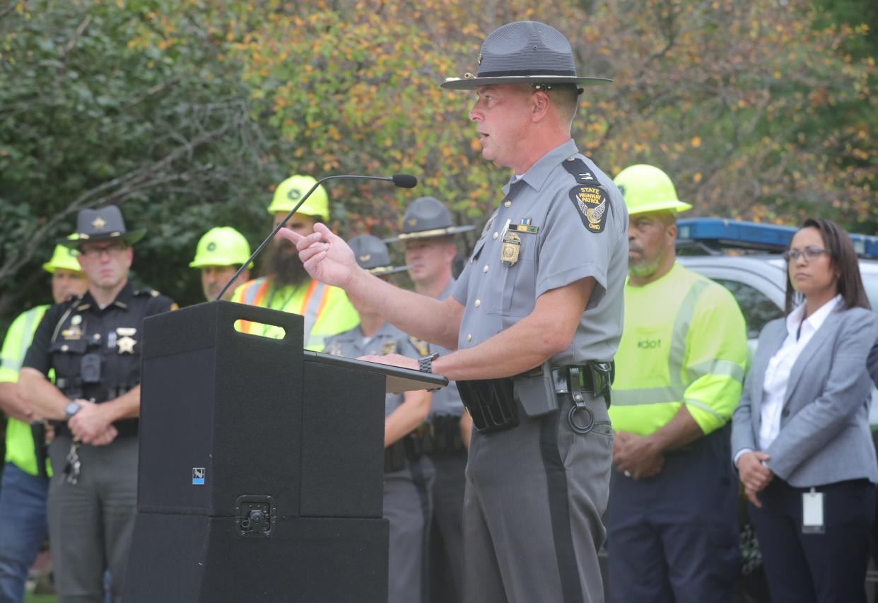 Ohio State Trooper Captain William Haymaker talk about the new Distracted Driving Law during an afternoon press conference at the I-77 North rest area on Thursday, Oct. 5, 2023, in Bath Township, Ohio. [Phil Masturzo/ Beacon Journal]
