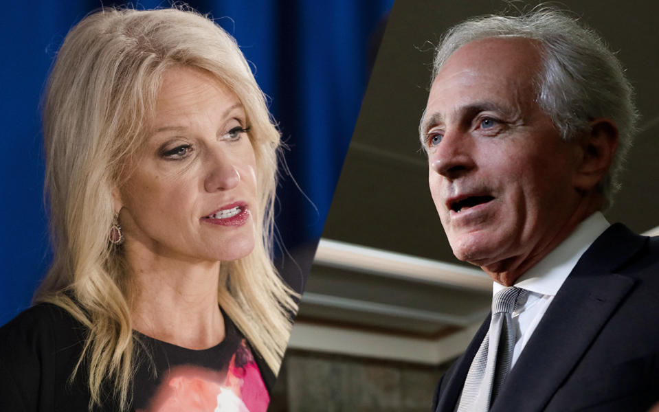 White House adviser Kellyanne Conway; Sen. Bob Corker (Photos: Matt Rourke/AP, Aaron P. Bernstein/Reuters)