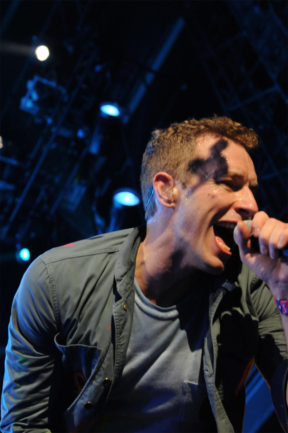 Chris Martin of the British band Coldplay, performs on December 31, 2011 in Abu Dhabi. The concert was a sold out event that helped to ring in 2012. Photograph: Peter Harrison/Yahoo! Maktoob