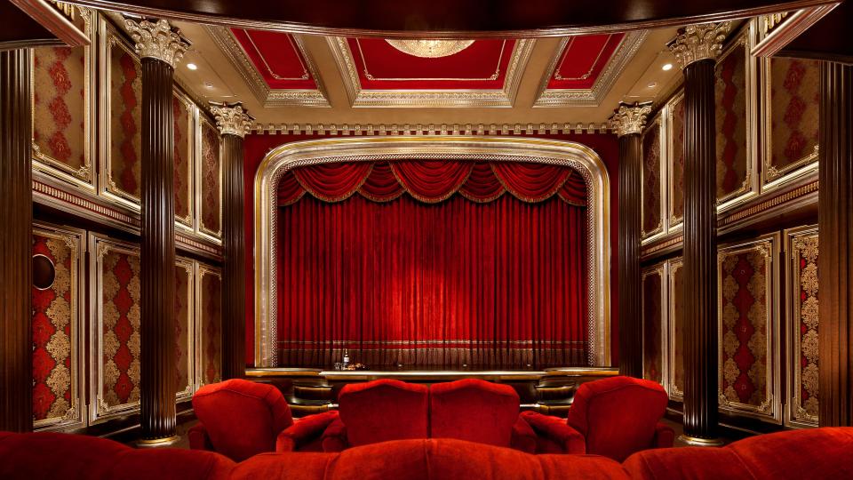 Home theater lady luck showing screen covered with red fabric