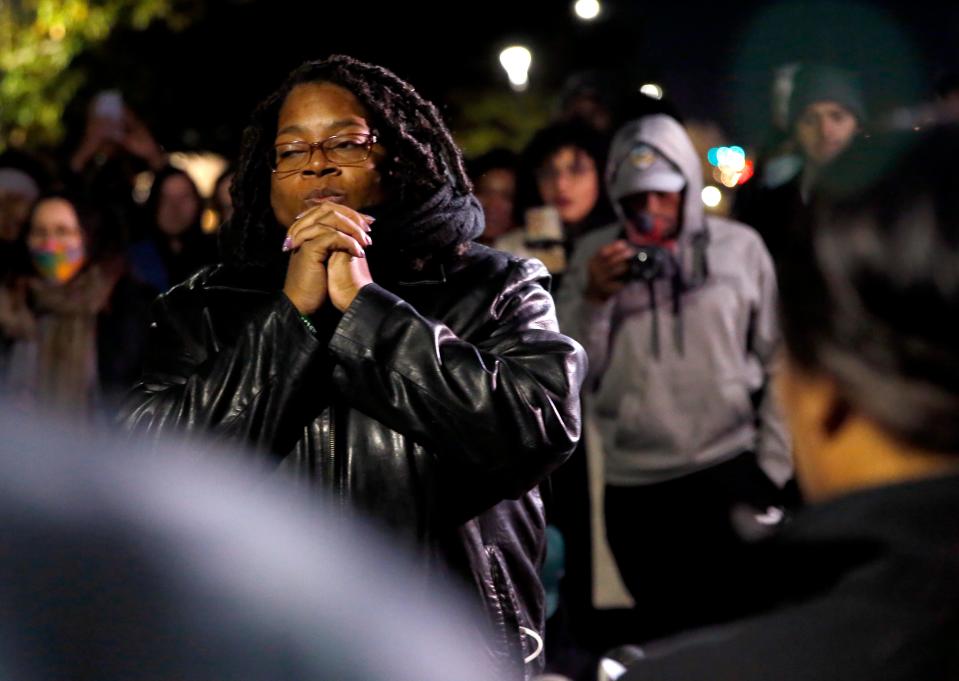 Antoinette Jones speaks to supporters at a Freedom Vigil for Julius Jones across from the Governor's Mansion in Oklahoma City Thursday.