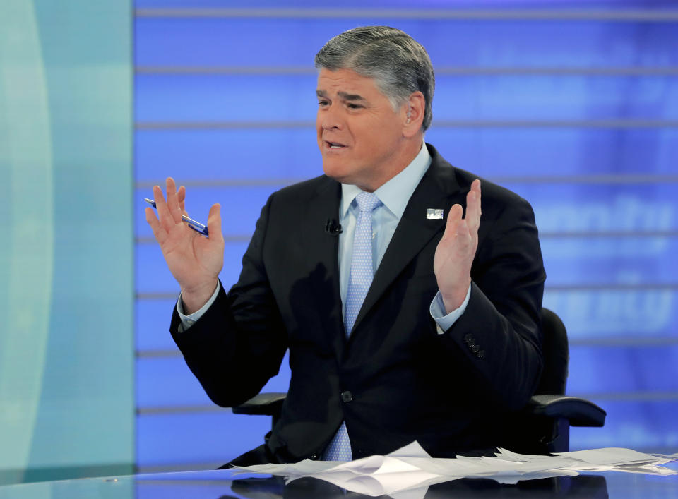 <p> FILE - In this July 26, 2018, file photo, Fox News talk show host Sean Hannity talks during an interview during a taping of his show in New York. Bad news for President Donald Trump also means a tough time for his biggest media backer, Fox News’ Hannity. His ratings are down since the election, and his rivals are up. Still, Fox will finish as the top-rated network in all of basic cable for the third straight year. (AP Photo/Julie Jacobson, File) </p>