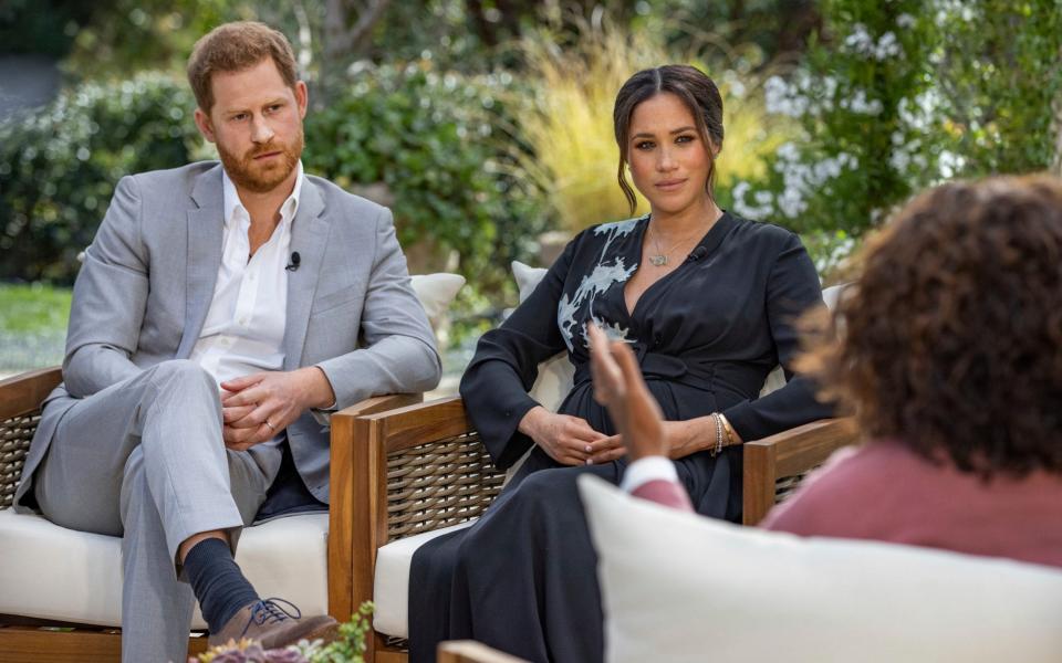  The Duke and Duchess of Sussex during their interview with Oprah Winfrey - Joe Pugliese/Harpo Productions/PA