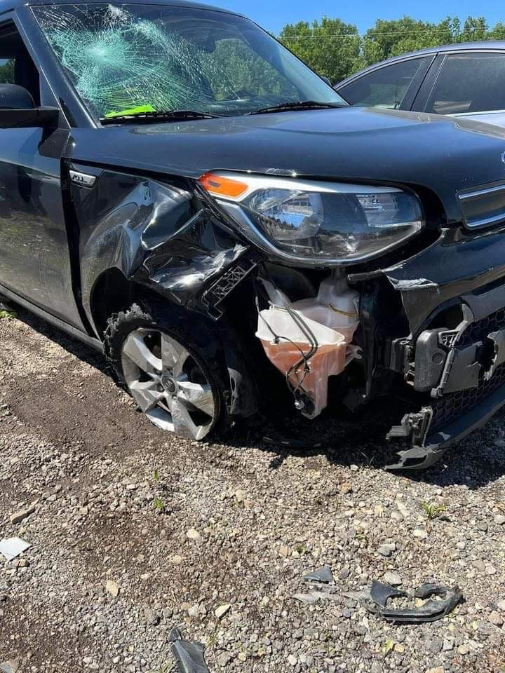 This photo is of a vehicle whose owner is part of the "Columbus Kia/Hyundai Theft Victims" Facebook group and was extensively damaged when it was recovered by police.