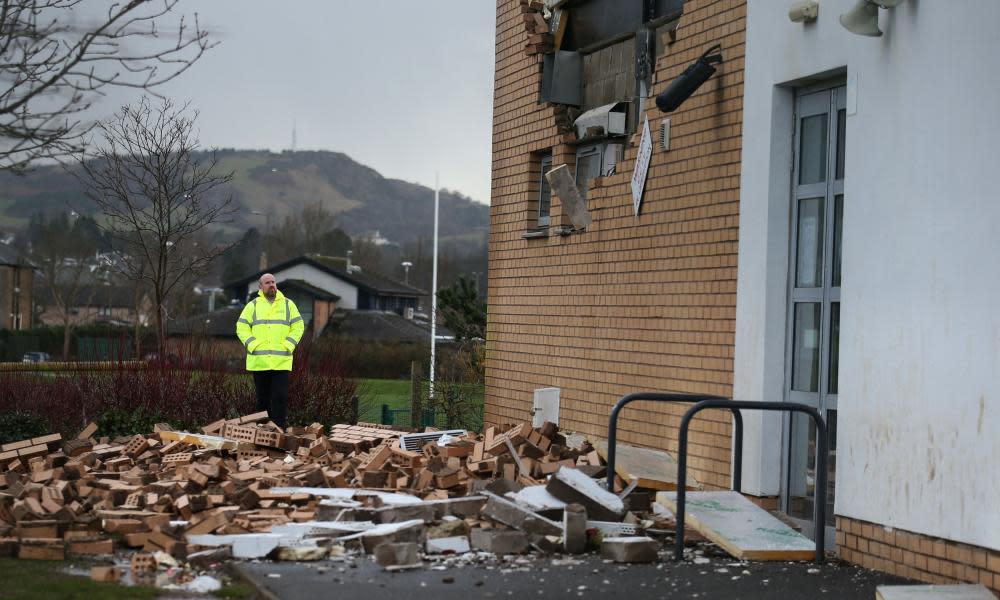 A collapsed wall at Oxgangs Primary School in Edinburgh, in January 2016.