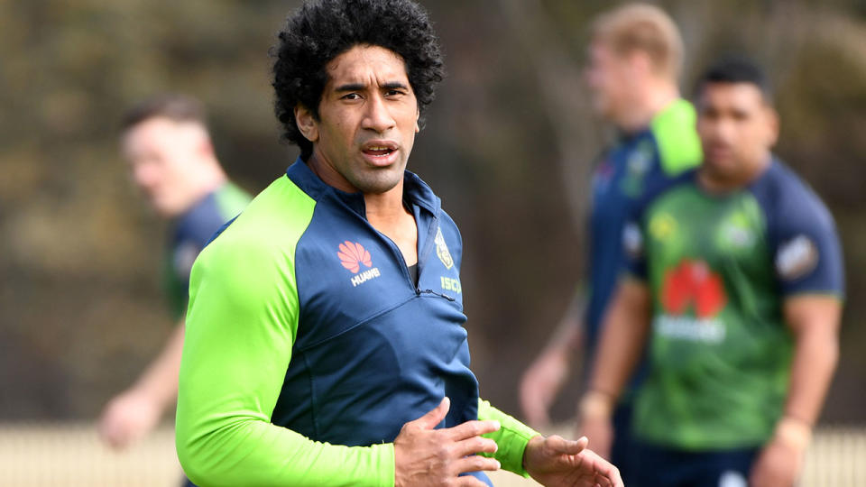 Sia Soliola, pictured here in action at a Canberra Raiders training session.