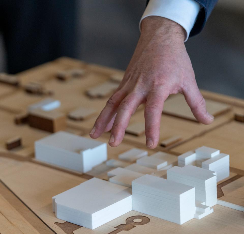 A model of a new IU Health hospital for downtown Indianapolis, shown Monday, Jan. 9, 2023.