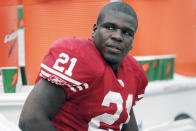 FILE - San Francisco 49ers running back Frank Gore (21) in the fourth quarter of their NFL football game in San Francisco, Sunday, Nov. 18, 2007. Frank Gore was a five-time Pro Bowl running back for San Francisco before playing for Indianapolis, Miami, Buffalo and the Jets. His son embraces the pressure of following his path. (AP Photo/Paul Sakuma, File)