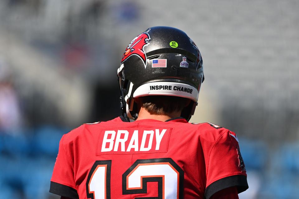 Tampa Bay Buccaneers quarterback Tom Brady (12) on the field before the game at Bank of America Stadium.