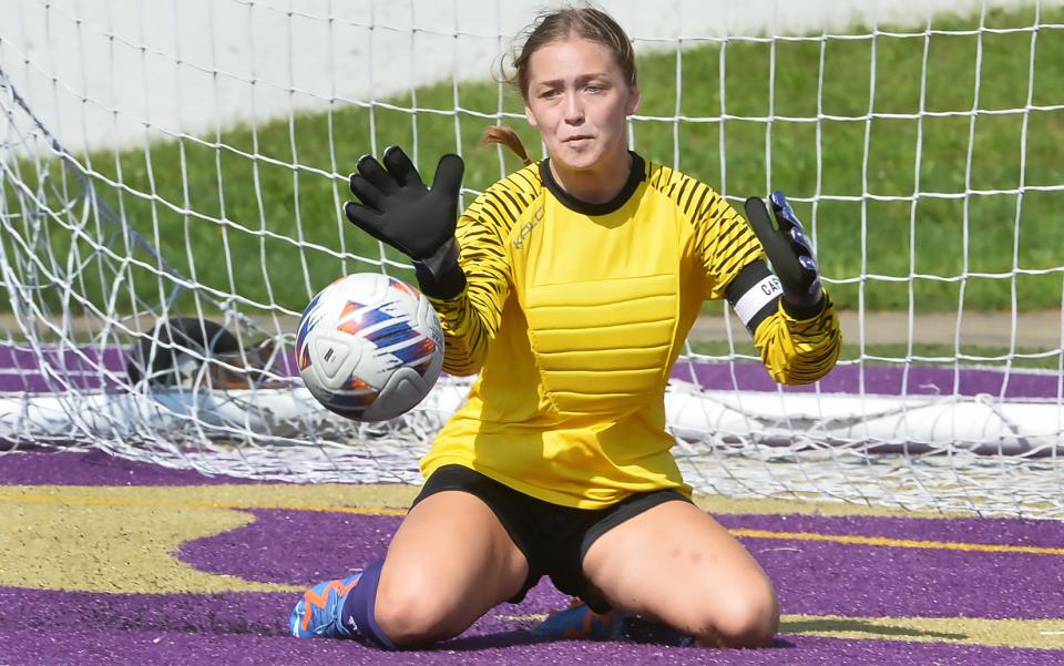 Senior Jayce Braggins, in goal for Erie High School, makes a stop against Fairview at Erie Veterans Memorial Stadium on Aug. 26.