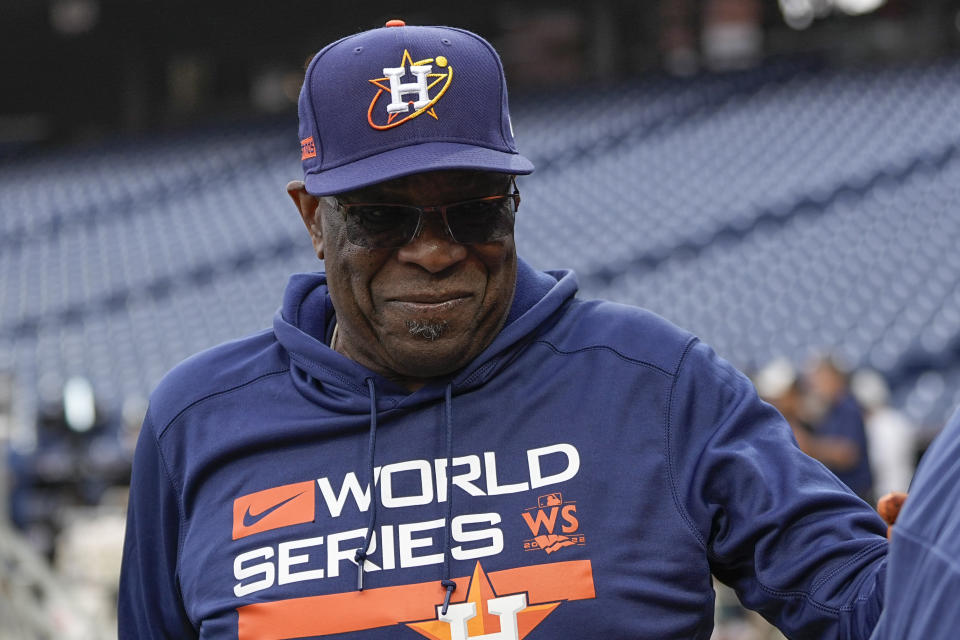 Houston Astros manager Dusty Baker Jr. watches batting practice before Game 3 of baseball's World Series between the Houston Astros and the Philadelphia Phillies on Monday, Oct. 31, 2022, in Philadelphia. (AP Photo/David J. Phillip)