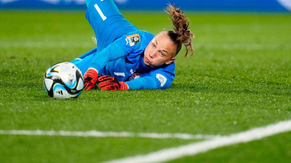 July 25: Switzerland's goalkeeper Gaelle Thalmann makes a save during the World Cup Group A match against Norway in Hamilton, New Zealand.