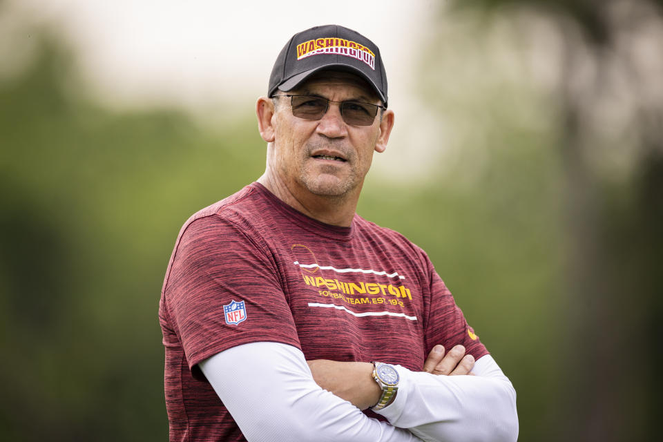 ASHBURN, VA - JUNE 09: Head coach Ron Rivera of the Washington Football Team looks on during mandatory minicamp at Inova Sports Performance Center on June 9, 2021 in Ashburn, Virginia. (Photo by Scott Taetsch/Getty Images)