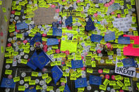 Stickers are seen attached to the Cabinet Office exterior door after an anti-Brexit march through central London, Britain October 20, 2018. REUTERS/Simon Dawson