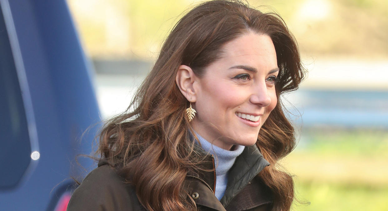 Kate Middleton wears Catherine Zoraida Gold Fern Drop earrings on her UK tour, but we have found a more affordable version. (Getty images)