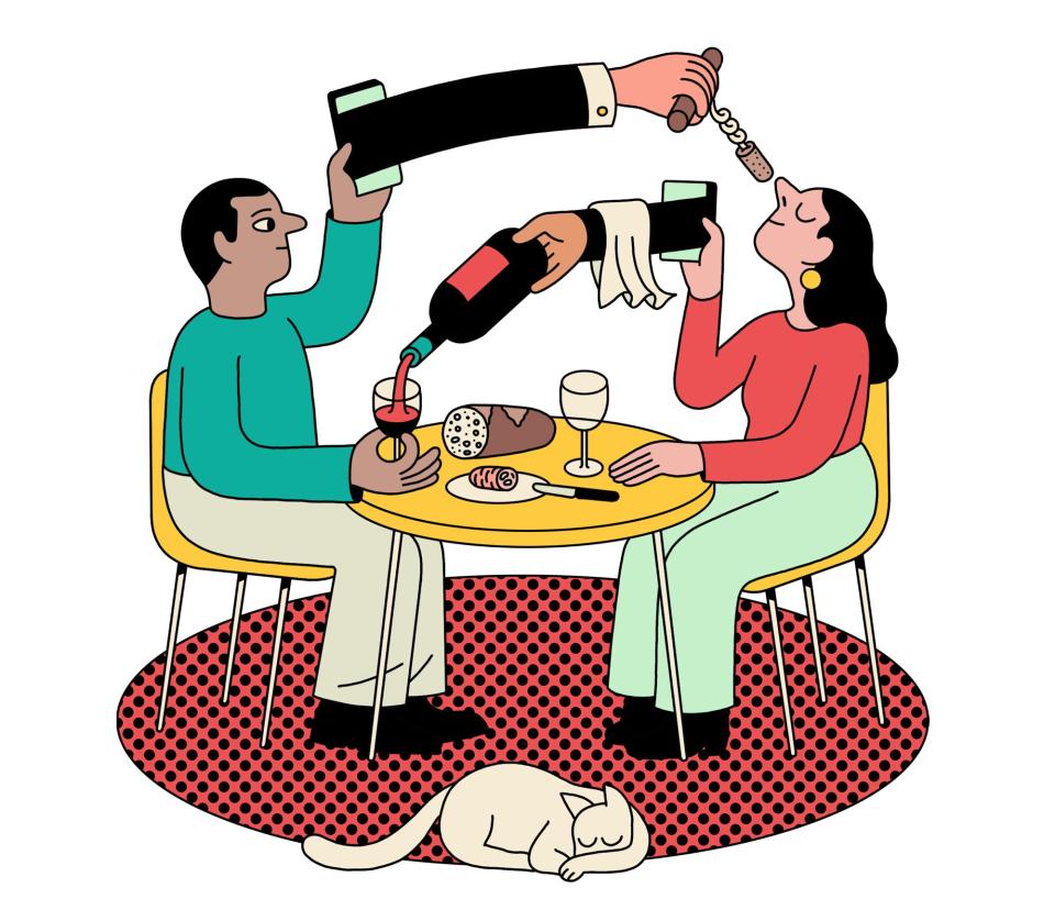 illustration of arms with bottle of wine coming out of cell phones