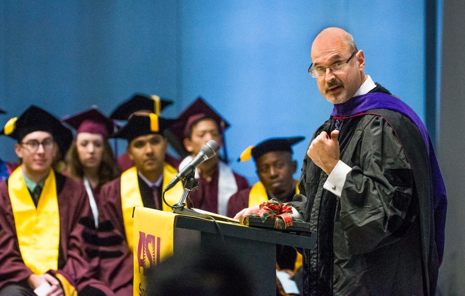 Federal Judge John Tuchi delivers the convocation address at the Arizona State University Sandra Day O'Connor College of Law in downtown Phoenix on Dec. 14, 2016. The ceremony was the first to be held at the new law school campus.