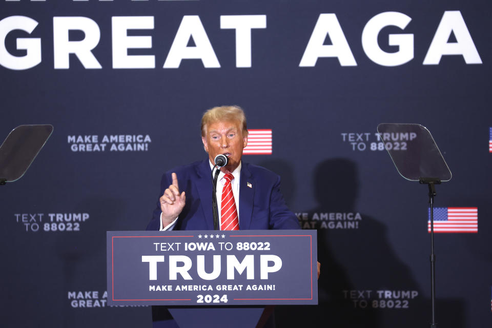 Republican presidential candidate former President Donald Trump speaks to guests during a rally at Clinton Middle School on January 06, 2024 in Clinton, Iowa.  / Credit: Scott Olson  / Getty Images