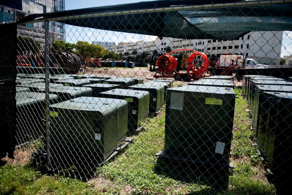 The town of Palm Beach has a staging area for undergrounding equipment at North Quadrille Boulevard and 6th Street September 5, 2023 in West Palm Beach. 