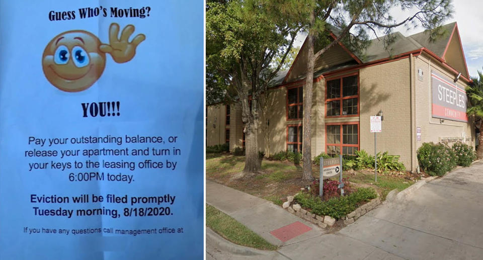 Left is the eviction notice. Right is the apartment complex in Houston. 