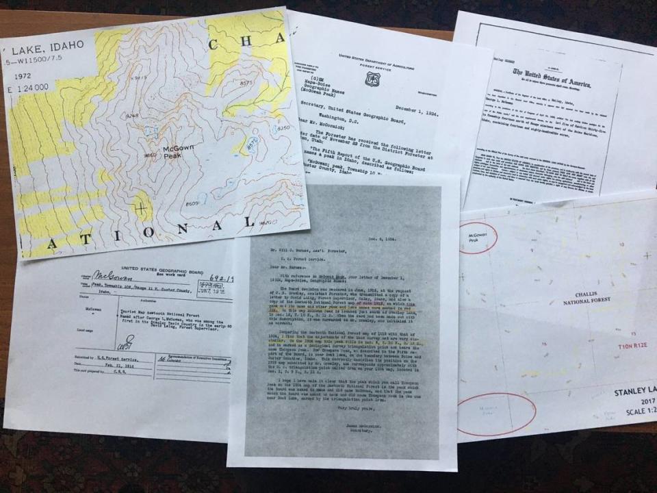 The McGowan family has done extensive research into what is clearly a misspelling of a mountain peak named for their ancestor, George L. McGowan, an early rancher in the Stanley Basin.