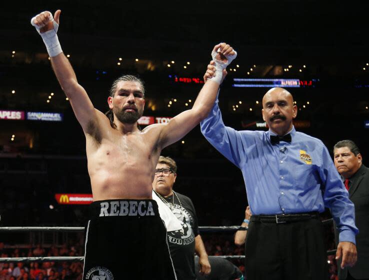 Alfredo Angulo from Mexico celebrates after defeating Hector Munoz in their super middleweight bout, Saturday, Aug. 29, 2015, in Los Angeles. Angulo won with a TKO after the fifth round. (AP Photo/Danny Moloshok)