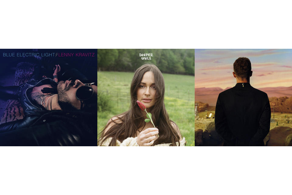 This combination of album covers shows, from left, "Blue Electric Light" by Lenny Kravitz, "Deeper Well" by Kacey Musgraves," and Everything I Thought It Was" by Justin Timberlake. (BMG/Interscope/RCA via AP)