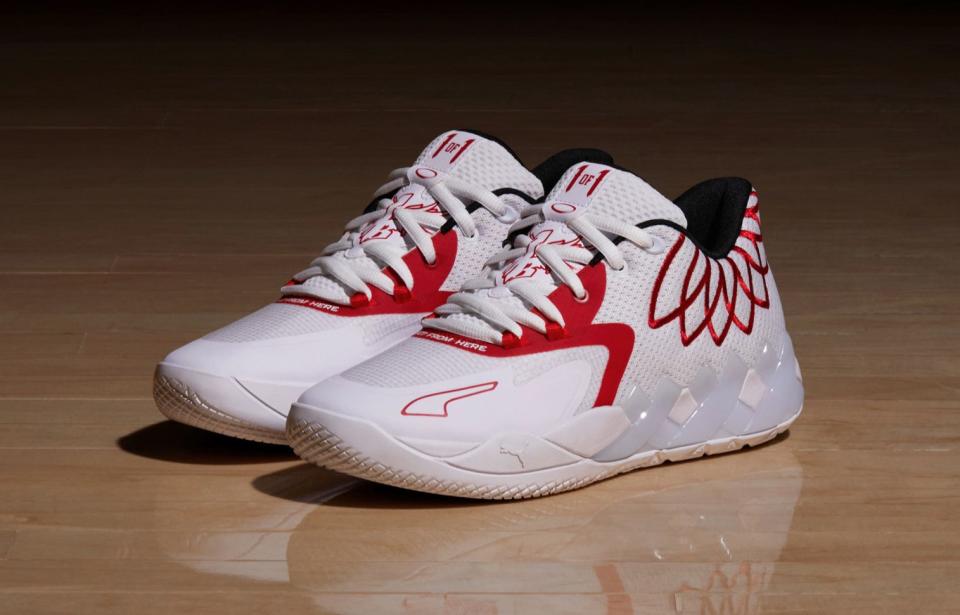 The white and red colorway of the Puma MB.01 Lo “Team Colors.” - Credit: Courtesy of Puma