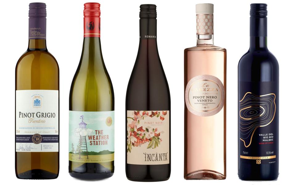 Taste the Difference pinot grigio; The Weather Station chenin blanc/pinot grigio; Incanta pinot noir; Mabis La Carezza pinot nero rosé; Irresistible Bio Bio Valley malbec