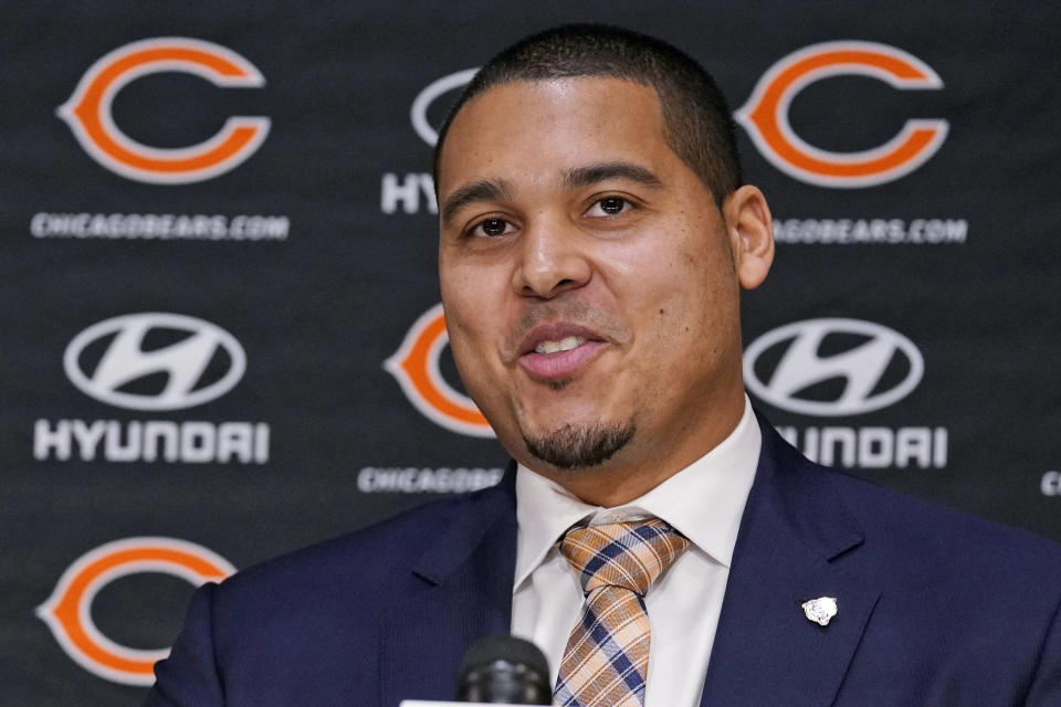 FILE - Chicago Bears new general manager Ryan Poles speaks during an NFL football news conference at Halas Hall in Lake Forest, Ill., on Jan. 31, 2022. Whether he likes calling it constructing a team or a rebuild, the Bears are heading into Poles’ first NFL draft badly in need of players and short on draft picks. (AP Photo/Nam Y. Huh, File)