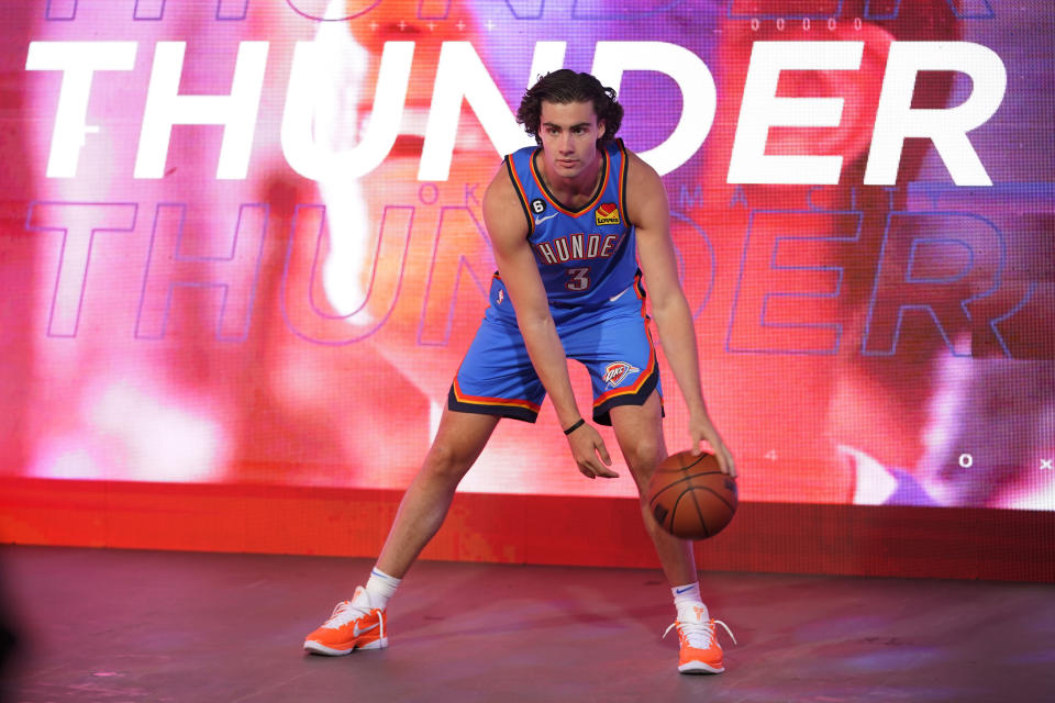 Oklahoma City Thunder guard Josh Giddey (3) is photographed during an NBA basketball media day Monday, Sept. 26, 2022, in Oklahoma City. (AP Photo/Sue Ogrocki)