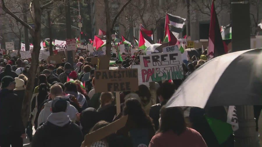 Thousands of demonstrators marched in downtown Los Angeles demanding an Israeli ceasefire after months of fighting in Gaza on Feb. 2, 2024 (KTLA)