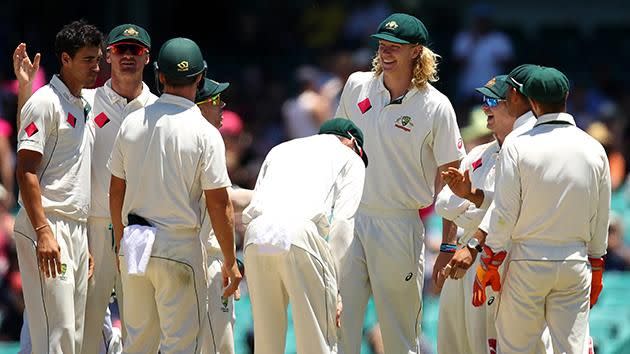 Mickey Edwards celebrates with the Australian team. Pic: Getty