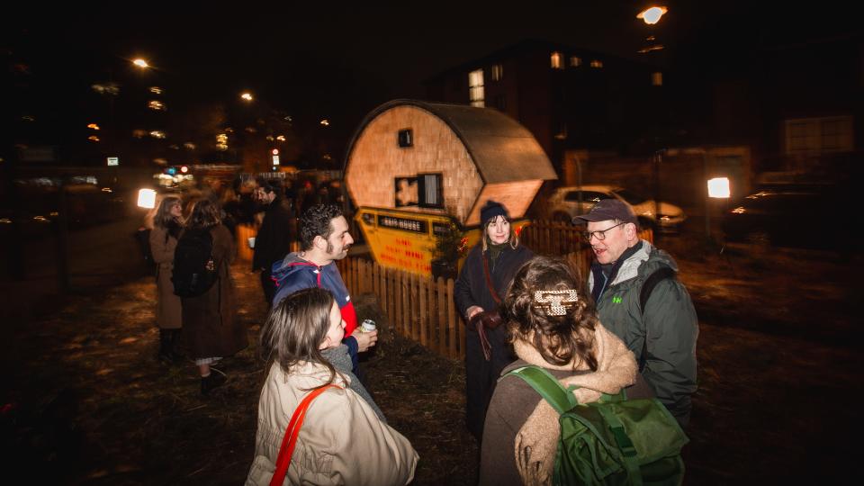 Friends gathered for the tiny home warming party