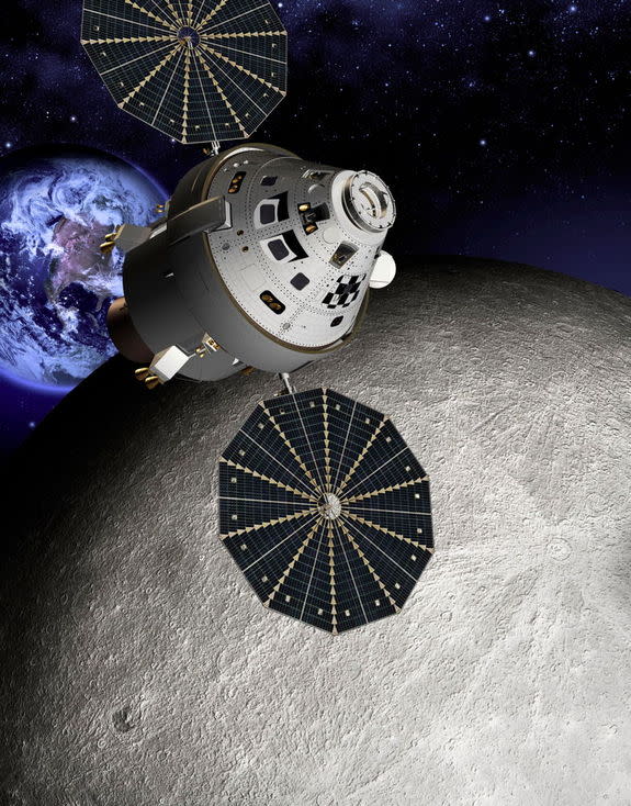 This artist's conception shows an Orion capsule at the L2 point on the farside of the moon.