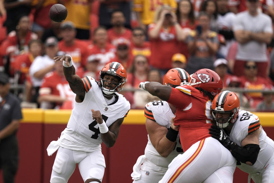 Cleveland Browns quarterback Deshaun Watson throws during the first half of an NFL preseason football game against the Kansas City Chiefs Saturday, Aug. 26, 2023, in Kansas City, Mo. (AP Photo/Charlie Riedel)