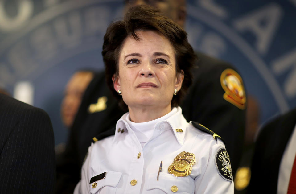 FILE - In this Thursday, Jan. 4, 2018, file photo, Atlanta Police Chief Erika Shields attends a news conference in Atlanta. On Saturday, June 13, 2020, Atlanta Mayor Keisha Lance Bottoms announced that Shields is resigning after an officer fatally shot a man who snatched an officer’s Taser and ran after a struggle in a restaurant parking lot. (AP Photo/David Goldman, File)