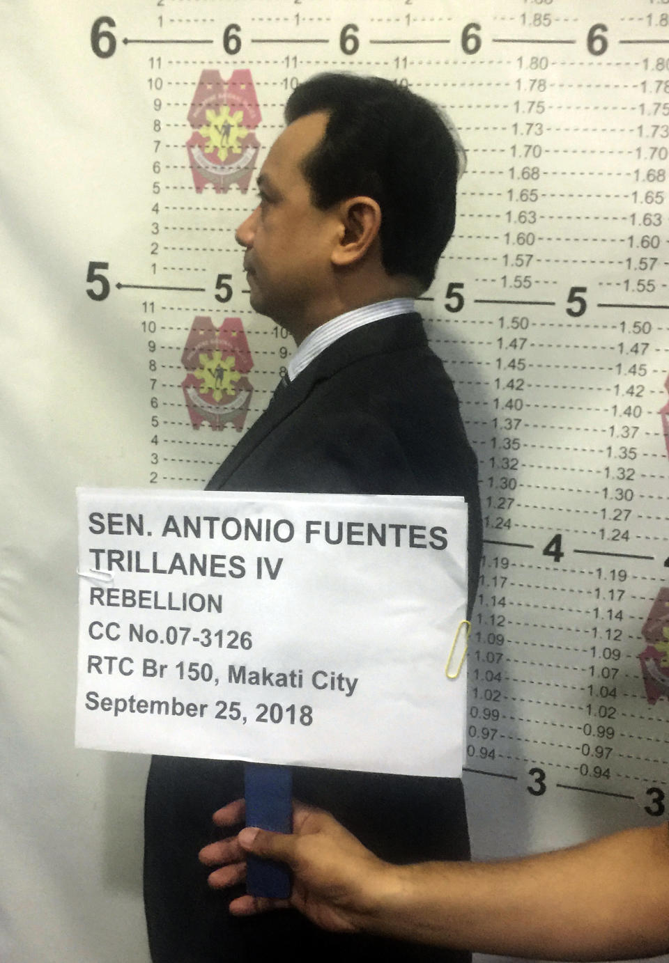 In this photo provided by the Philippine National Police Makati, Philippine opposition Sen. Antonio Trillanes IV for his mugshot inside a police station in Makati, metropolitan Manila after the Makati Regional Trial Court Branch 150 issued an order for his arrest Tuesday, Sept. 25, 2018. A Philippine court ordered Trillanes arrested Tuesday after the president revoked the senator's 2011 amnesty for a failed coup attempt and revived rebellion charges against him in an unprecedented legal move the legislator called a blow to democracy. Trillanes later posted bail. (Philippine National Police Makati via AP)