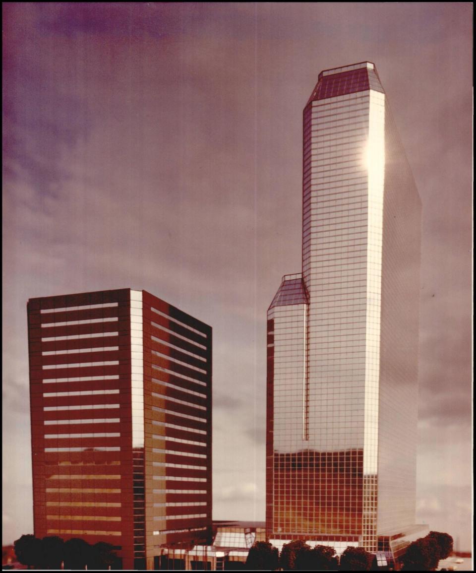 This rendering looking east from what would be the top of Sheraton Century-Center Hotel shows the mirror-faced Mid-America II hotel and office tower. [The Daily Oklahoman via Oklahoma Historical Society]