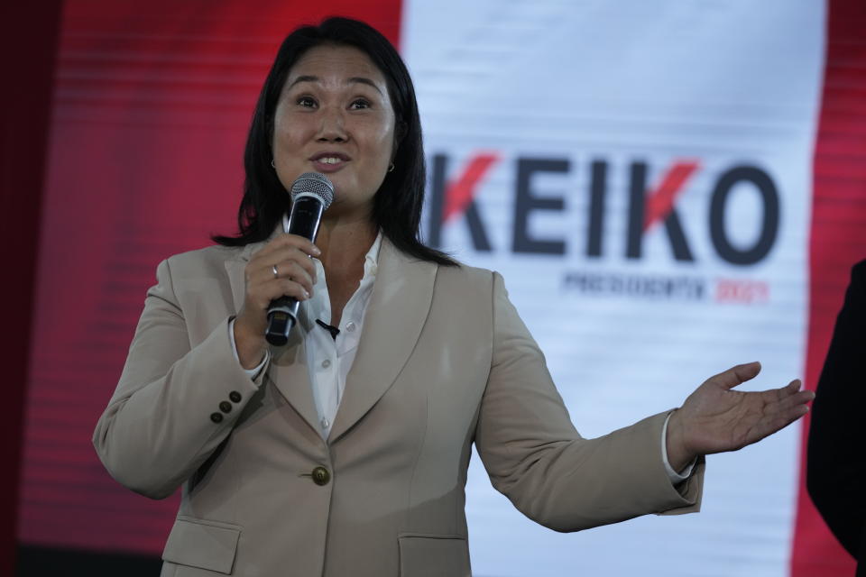 Presidential candidate Keiko Fujimori speaks at a press conference in Lima, Peru, Thursday, June 10, 2021. As one claims victory and the other electoral fraud, tensions continue to grow around Peru's presidential election run-off vote count with just decimals of percentage points separating left leaning Pedro Castillo from rightwing populist rival Keiko Fujimori. (AP Photo/Martin Mejia)