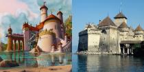 <p>Ein malerisches Schloss direkt am Wasser – das ist nicht der Fantasie der Disney-Zeichner entsprungen, das gibt es wirklich: Direkt am Ufer des Genfersees befindet sich die Wasserburg Château de Chillon. (Fotos: Disney, Getty Images) </p>