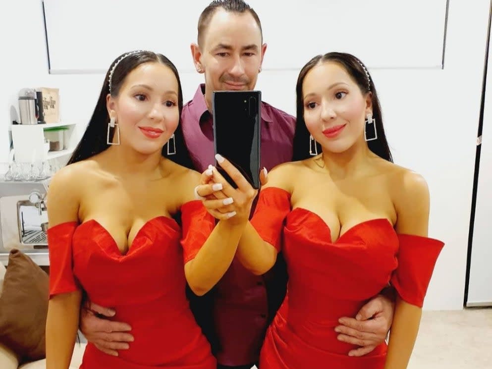 Twin sisters Anna and Lucy DeCinque, 35, with their fiance Ben Burnes, 37, who they both became engaged to in an episode of TLC’s Extreme Sisters (Anna and Lucy DeCinque)