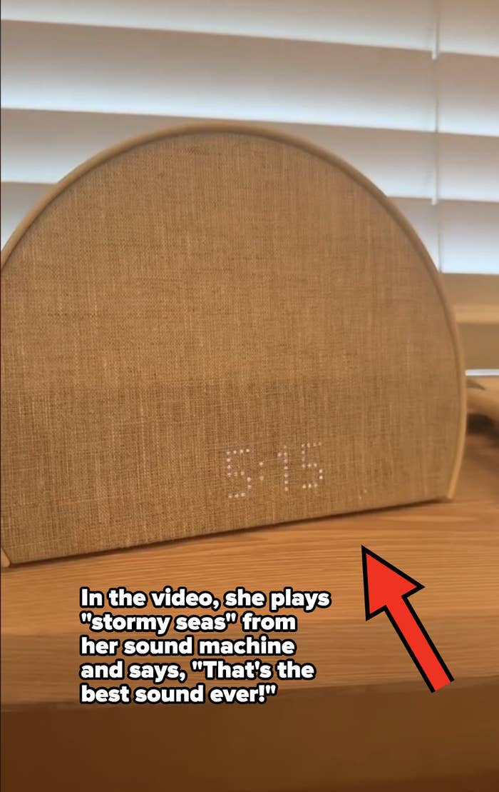 A close-up of the sound machine with text that says "In the video, she plays 'stormy seas' from her sound machine and says 'That's the best sound ever!'"