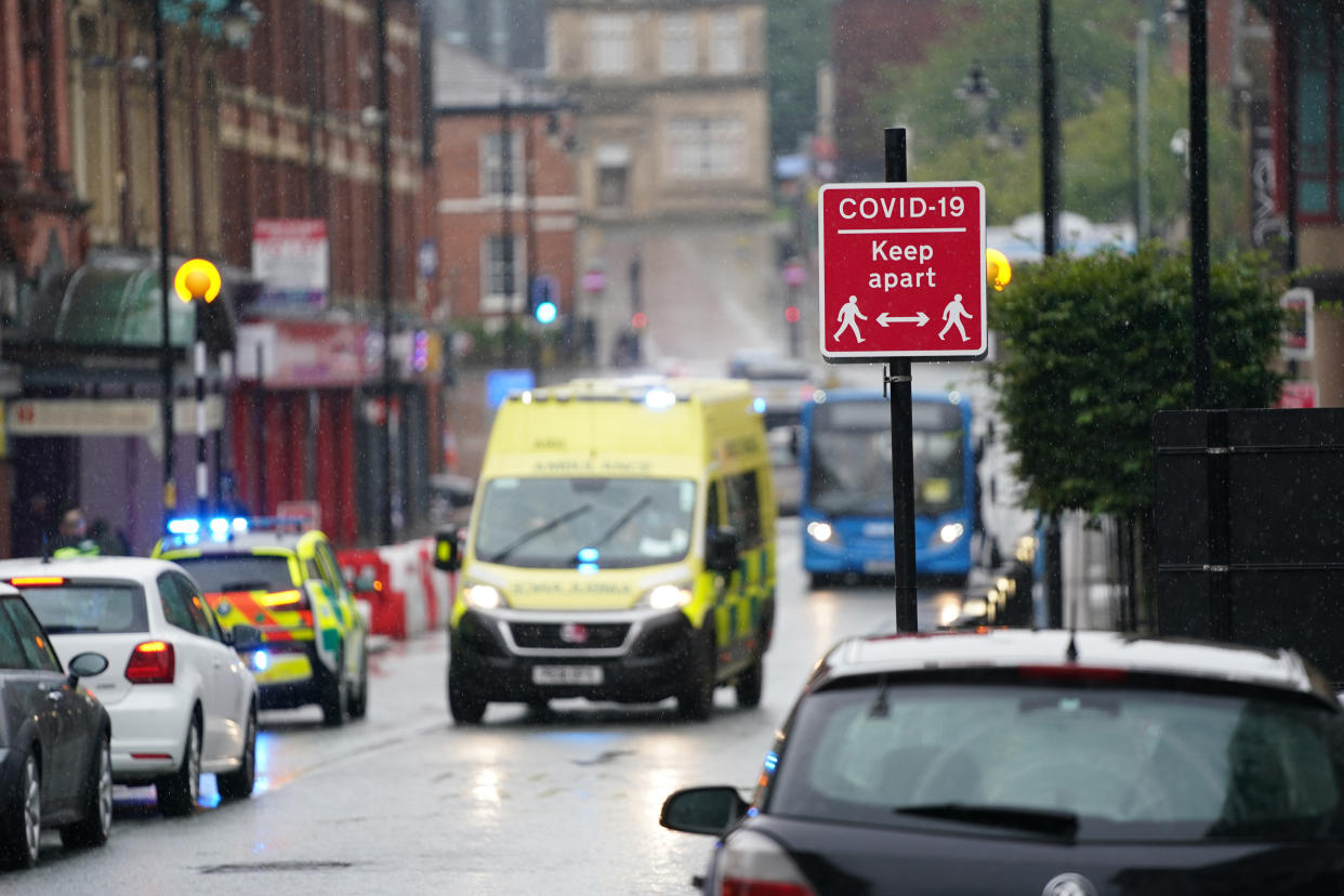 GREATER MANCHESTER, Sept. 2, 2020 -- An ambulance is seen on the street in Bolton, Greater Manchester, Britain on Sept. 2, 2020. According to BBC, parts of Greater Manchester will not have lockdown restrictions eased as planned following a government U-turn. Measures in Bolton and Trafford were due to be eased overnight after a fall in cases earlier in August. But they will "now remain under existing restrictions" following "a significant change in the level of infection rates over the last few days", the government announced. (Photo by Jon Super/Xinhua via Getty) (Xinhua/Jon Super via Getty Images)