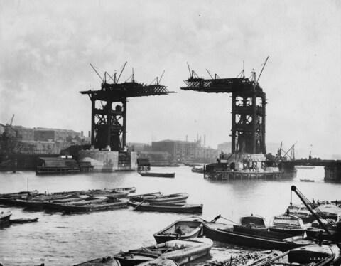 Tower Bridge, before it was finished - Credit: London Stereoscopic Company