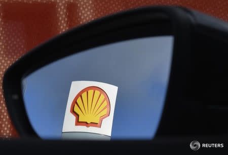 A Shell logo is seen reflected in a car side mirror at a petrol station in west London, January 29, 2015. REUTERS/Toby Melville