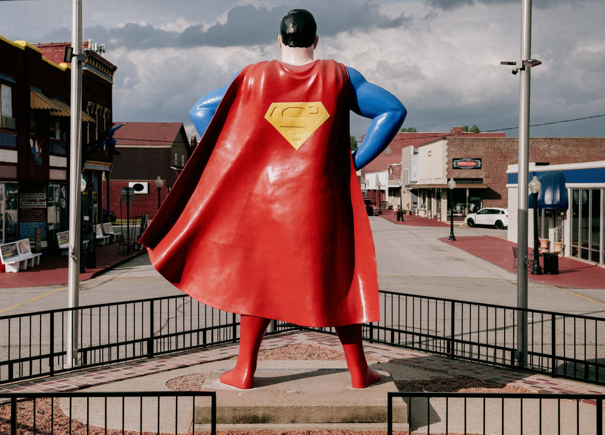 A 15-foot Superman statue at the center of town in Metropolis. (Bryan Birks for NBC News)