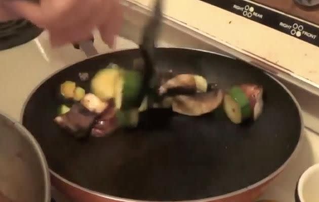 Sautéing mushrooms and zucchini. How novel. Source: YouTube