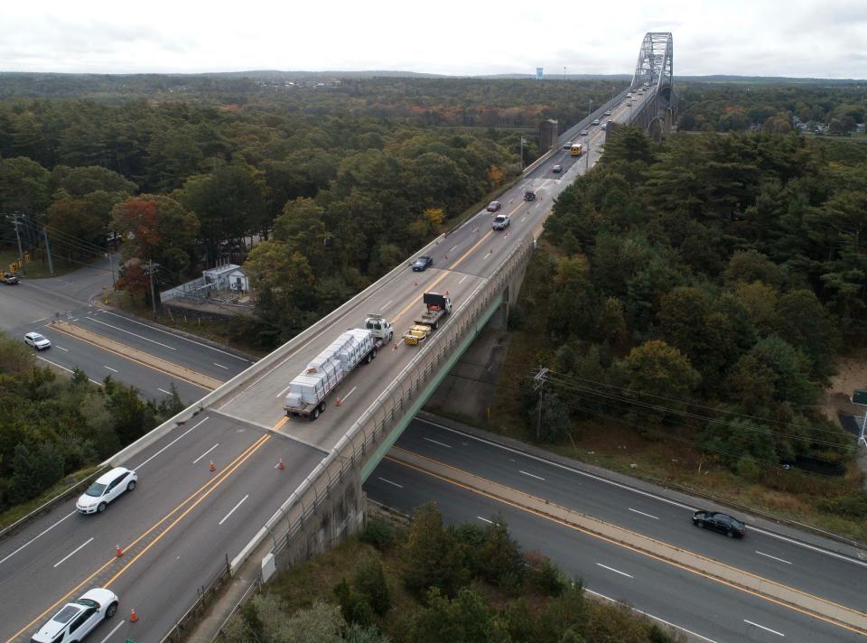 One lane open in each direction on Friday on the Bourne Bridge as construction continues.