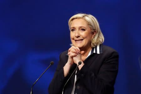 Marine Le Pen, French National Front (FN) political party leader and candidate for French 2017 presidential election, attends a campaign rally in Nice, France, April 27, 2017. REUTERS/Eric Gaillard